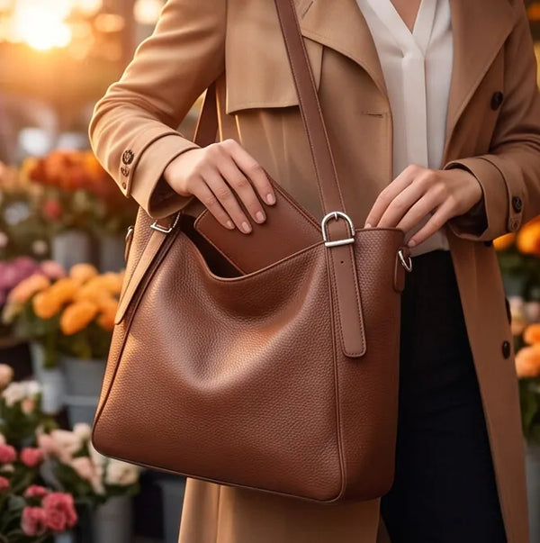 Borsa donna a spalla con doppi manici e tracolla marrone - borsa portata a mano