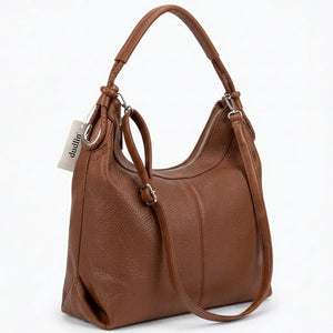 Borsa hobo donna monomanico con anelli e tracolla marrone cuoio - vista principale della variante