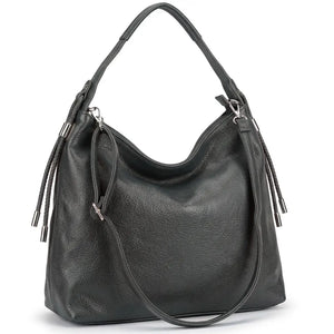 Borsa hobo donna a spalla con laccetti e tracolla grigio antracite - vista principale della variante