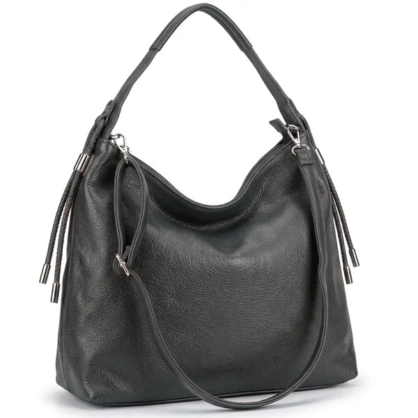 Borsa hobo donna a spalla con laccetti e tracolla grigio antracite - vista principale della variante
