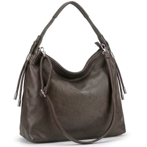 Borsa hobo donna a spalla con laccetti e tracolla grigio tortora - vista principale della variante