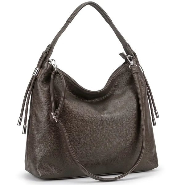 Borsa hobo donna a spalla con laccetti e tracolla grigio tortora - vista principale della variante