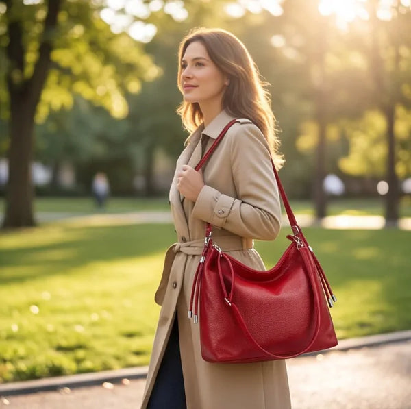Borsa hobo donna a spalla con laccetti e tracolla rosso - borsa indossata a spalla
