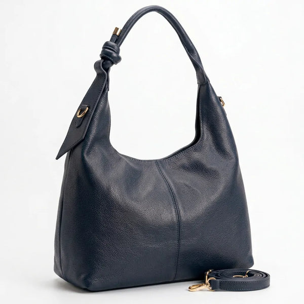 Borsa hobo donna con nodo sul manico e tracolla blu scuro - vista principale della variante