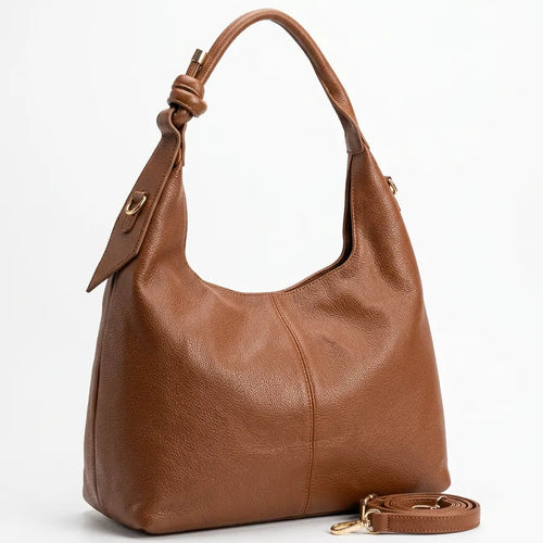 Borsa hobo donna con nodo sul manico e tracolla marrone cuoio - vista principale della variante
