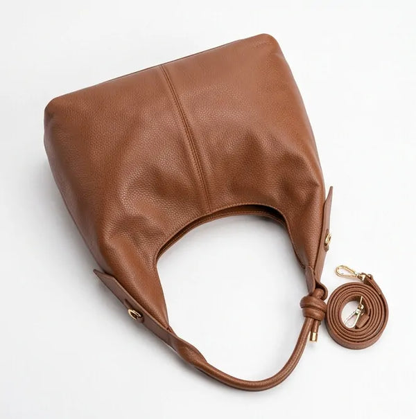 Borsa hobo donna con nodo sul manico e tracolla marrone cuoio - vista dall'alto