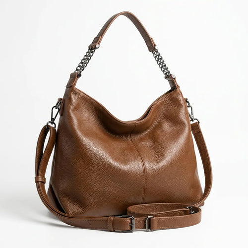 Borsa hobo donna con manico a catena e tracolla marrone cuoio - vista principale della variante