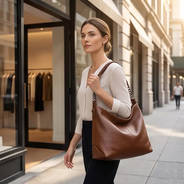 Borsa hobo donna con manico a catena e tracolla marrone cuoio - borsa indossata a spalla
