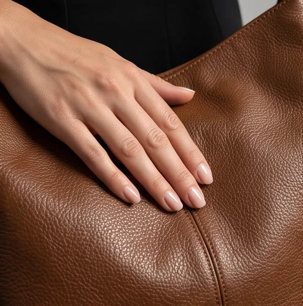 Borsa hobo donna con manico a catena e tracolla marrone cuoio - dettaglio della superficie