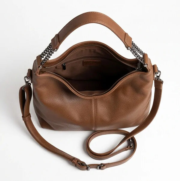 Borsa hobo donna con manico a catena e tracolla marrone cuoio - vista dell'interno