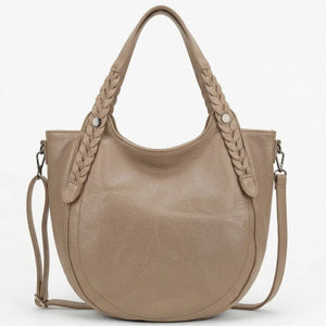 Borsa donna arrotondata con manici intrecciati e tracolla beige - vista principale della variante