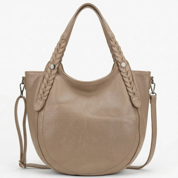 Borsa donna arrotondata con manici intrecciati e tracolla beige - vista principale della variante