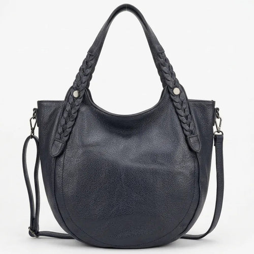 Borsa donna arrotondata con manici intrecciati e tracolla blu scuro - vista principale della variante