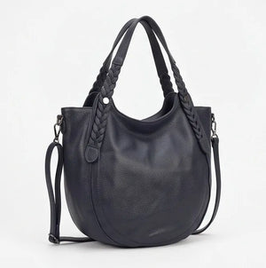 Borsa donna arrotondata con manici intrecciati e tracolla blu scuro - vista alternativa