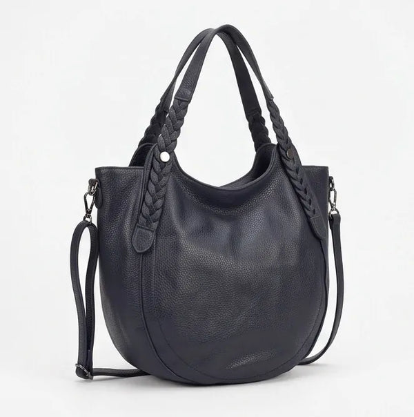 Borsa donna arrotondata con manici intrecciati e tracolla blu scuro - vista alternativa