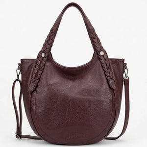 Borsa donna arrotondata con manici intrecciati e tracolla bordeaux - vista principale della variante