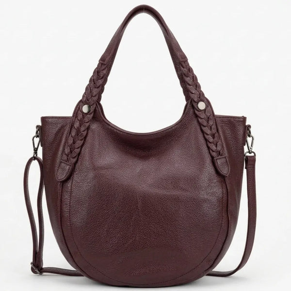 Borsa donna arrotondata con manici intrecciati e tracolla bordeaux - vista principale della variante