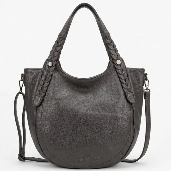 Borsa donna arrotondata con manici intrecciati e tracolla grigio scuro - vista principale della variante