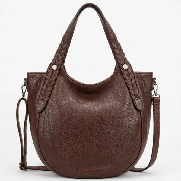 Borsa donna arrotondata con manici intrecciati e tracolla marrone - vista principale della variante