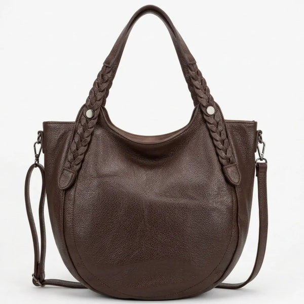 Borsa donna arrotondata con manici intrecciati e tracolla marrone caffè - vista principale della variante