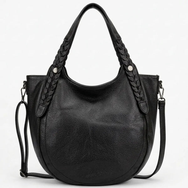 Borsa donna arrotondata con manici intrecciati e tracolla nero - vista principale della variante