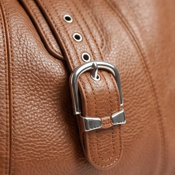 Borsa hobo donna con fibbia frontale e tracolla marrone cuoio - dettaglio della fibbia