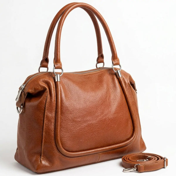 Borsa donna a mano con profilo sagomato e tracolla marrone cuoio - vista principale della variante