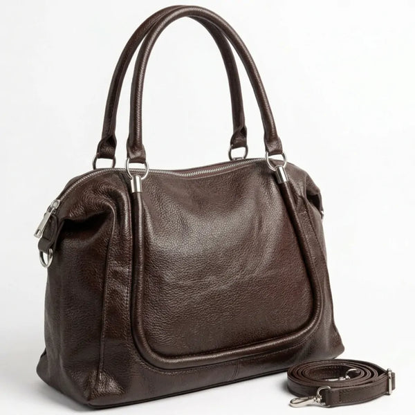 Borsa donna a mano con profilo sagomato e tracolla marrone scuro - vista principale della variante