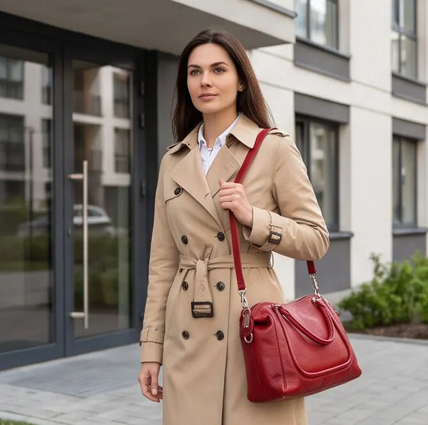 Borsa donna a mano con profilo sagomato e tracolla rosso - borsa indossata a spalla