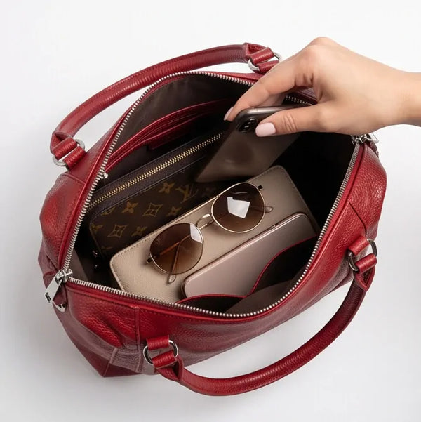 Borsa donna a mano con profilo sagomato e tracolla rosso - vista dell'interno