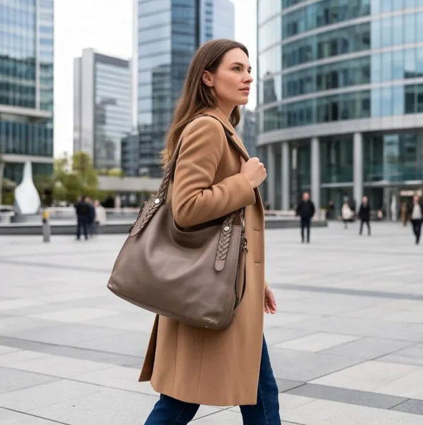 Borsa hobo donna con intrecci laterali e tracolla beige taupe - borsa indossata a spalla