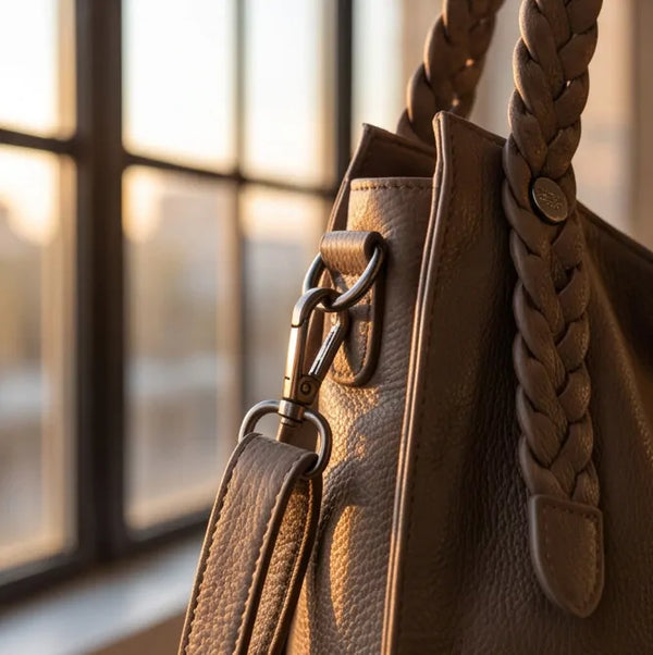 Borsa hobo donna con intrecci laterali e tracolla beige taupe - dettaglio degli intrecci laterali