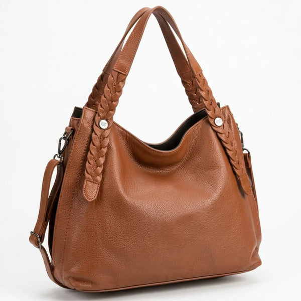 Borsa hobo donna con intrecci laterali e tracolla marrone cuoio - vista principale della variante