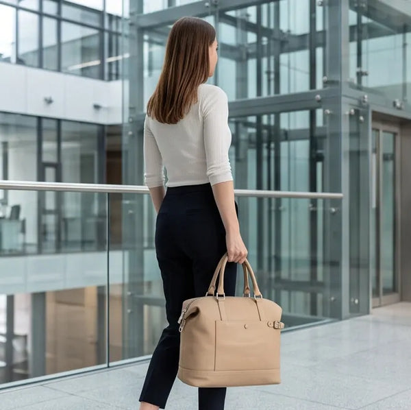 Borsa donna a mano con tasca frontale e tracolla beige - borsa portata a mano