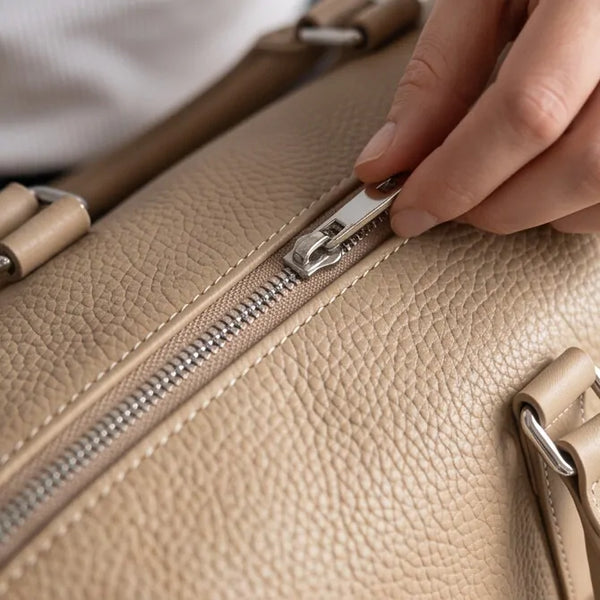 Borsa donna a mano con tasca frontale e tracolla beige - dettaglio della zip