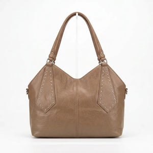 Borsa shopper donna a spalla con borchie e tracolla beige taupe - vista principale della variante
