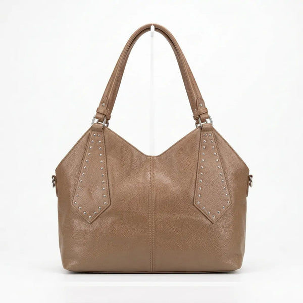 Borsa shopper donna a spalla con borchie e tracolla beige taupe - vista principale della variante