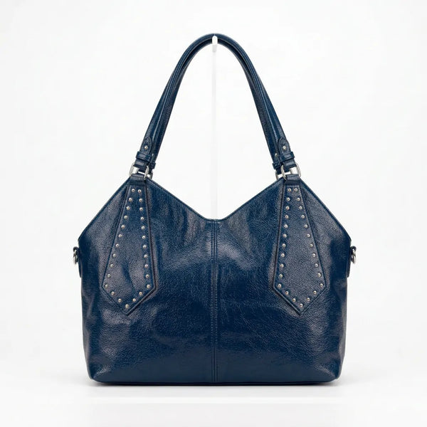 Borsa shopper donna a spalla con borchie e tracolla blu scuro - vista principale della variante
