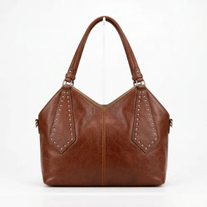Borsa shopper donna a spalla con borchie e tracolla marrone cuoio - vista principale della variante