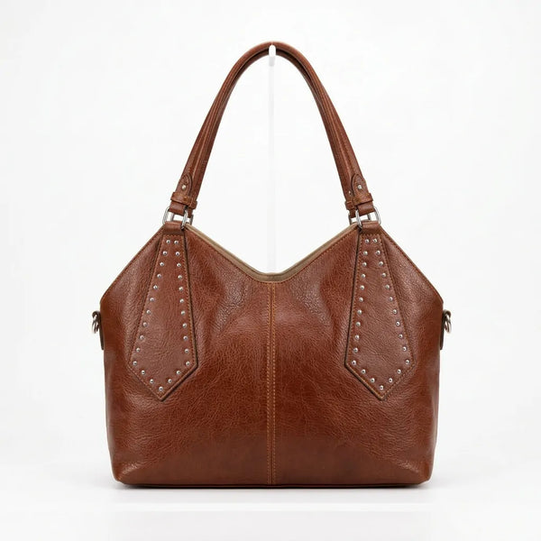 Borsa shopper donna a spalla con borchie e tracolla marrone cuoio - vista principale della variante