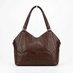 Borsa shopper donna a spalla con borchie e tracolla marrone scuro - vista principale della variante