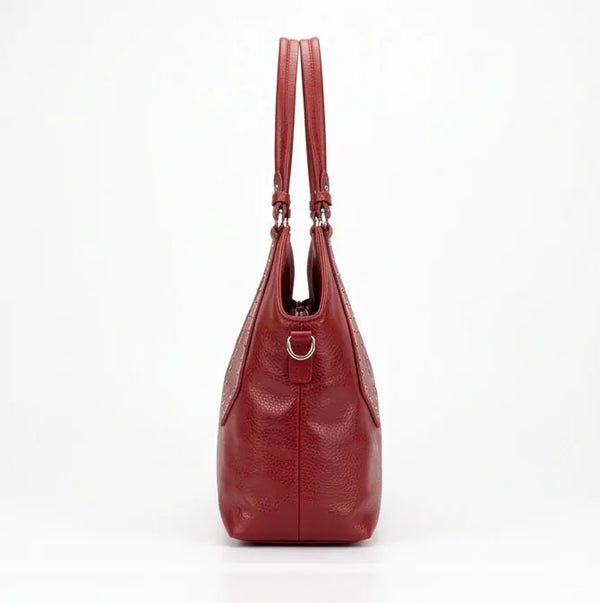 Borsa shopper donna a spalla con borchie e tracolla rosso - vista laterale