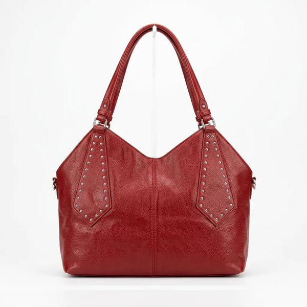 Borsa shopper donna a spalla con borchie e tracolla rosso - vista frontale senza tracolla