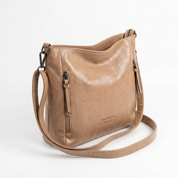 Borsa Nazareno Gabrielli con zip laterali e tracolla cipria - vista principale