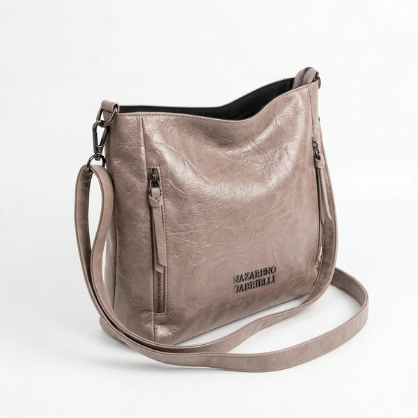 Borsa Nazareno Gabrielli con zip laterali e tracolla taupe - vista principale