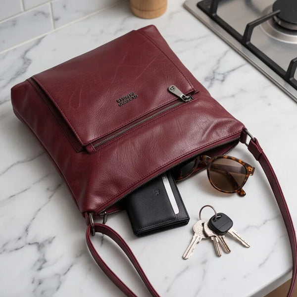 Borsa Nazareno Gabrielli con tasca frontale e tracolla - Bordeaux con accessori