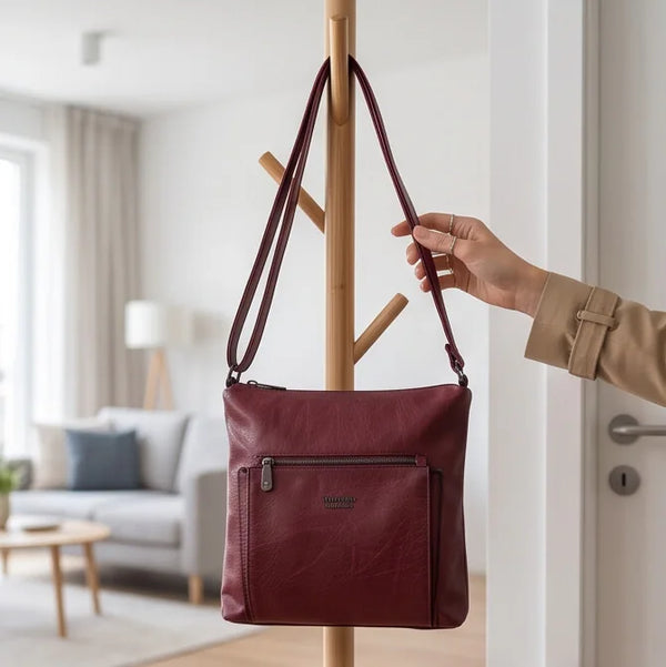 Borsa Nazareno Gabrielli con tasca frontale e tracolla - Bordeaux con tracolla appesa