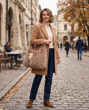Shopper pelosa in pelliccia sintetica H529, indossata, look autunnale