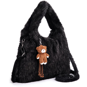 Shopper pelosa in pelliccia sintetica H529, colore nero, vista su sfondo bianco
