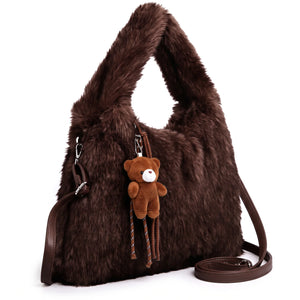 Shopper pelosa in pelliccia sintetica H529, colore caffè, vista su sfondo bianco